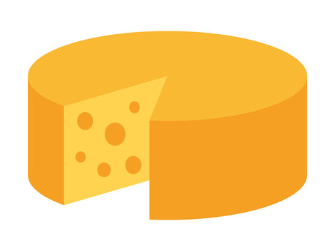 Yellow round Swiss, emmental or Gouda cheese wheel flat vector icon for food apps and websites