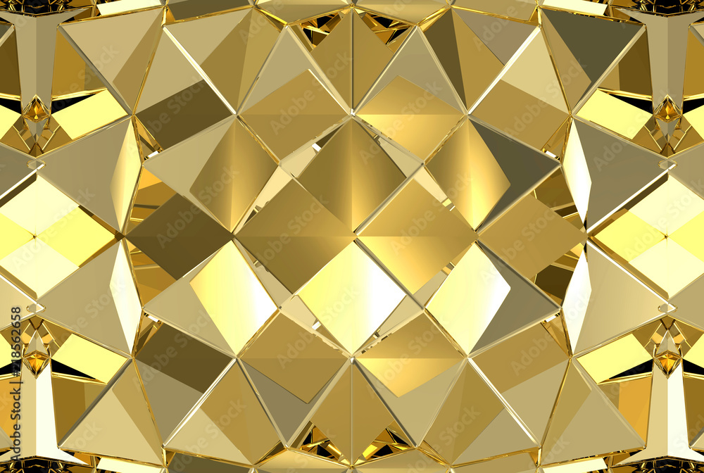 Poster 3d rendering. modern golden triangle polygon texture wall background.