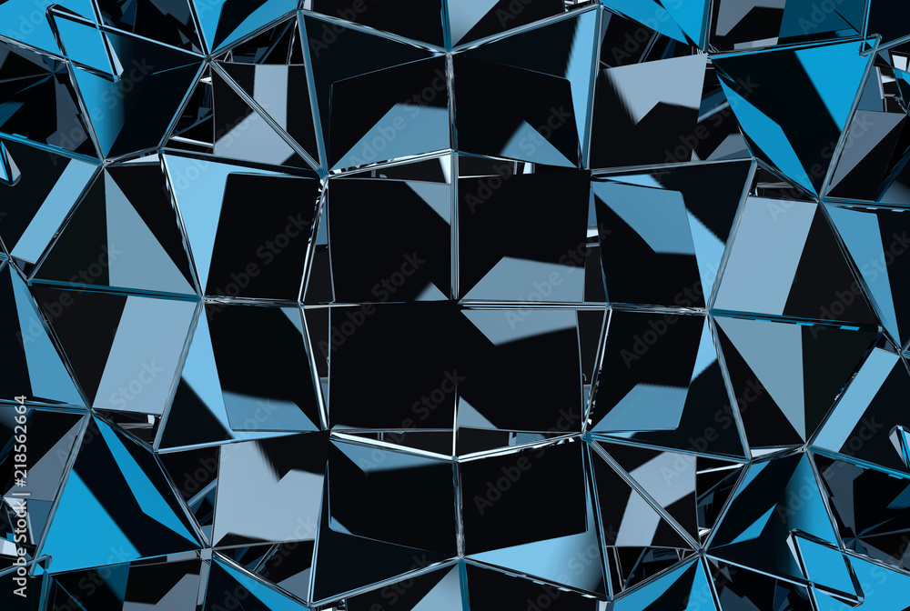 Poster 3d rendering. modern triangular blue reflection metallic wall background.