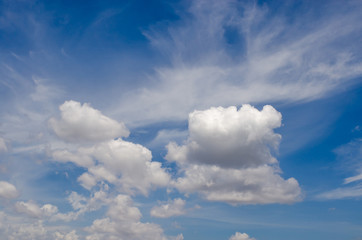 Blue sky with white clouds different shapes them.