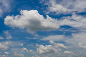 Blue sky with white clouds different shapes them.