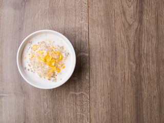 Thai dessert, tapioca pearls in coconut milk copy space