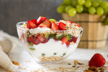 yougurt, healthy breakfast with fruit