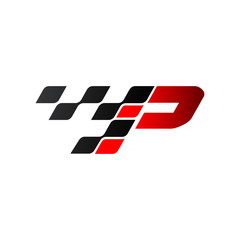 Letter P with racing flag logo - obrazy, fototapety, plakaty
