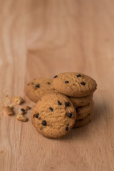 Chocolate chip cookies on wooden table