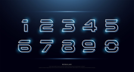 Technology number abstract neon font and alphabet. Numbers techno effect logo designs. Typography digital space concept. vector illustration