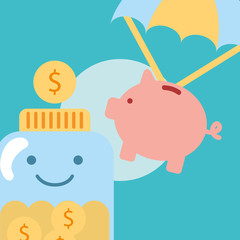 piggy bank flying jar with coins charity vector illustration