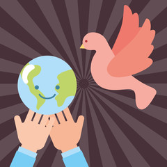 hands with kawaii world peace pigeon flying vector illustration