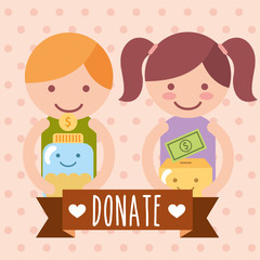 boy and girl with box and jar coins donate charity vector illustration