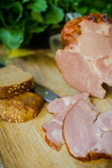 Bacon slices on the table. Country style. Selective focus.