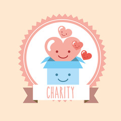 kawaii heart and cardboard box donate charity label vector illustration