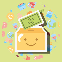 cardboard box with banknote dollar kawaii charity vector illustration