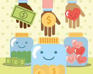 hands with money heart in jar glass charity vector illustration