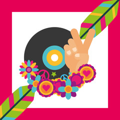 vinyl disc music feathers flowers hippie free spirit vector illustration