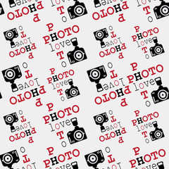 Photo camera. Seamless pattern. Background composition with cameras and words. Design for textiles, tapestries, packaging materials. The background is light.