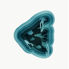 Silhouette of fish. Diver icons. The concept of sport diving. Abstract background with paper cut shapes.