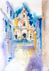 View of old european cityscape Watercolor illustration.