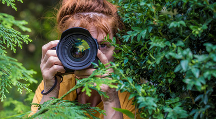 zwischen Büschen versteckt fotografiert eine Frau
