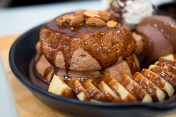 Delicious chocolate lava dessert with banana