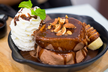 Chocolate lava cake with chocolate icecream banana fruit