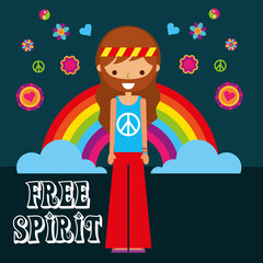 hippie man rainbow flowers free spirit vector illustration