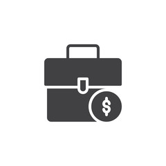 Briefcase and dollar coin vector icon. filled flat sign for mobile concept and web design. Suitcase with Money simple solid icon. Symbol, logo illustration. Pixel perfect vector graphics