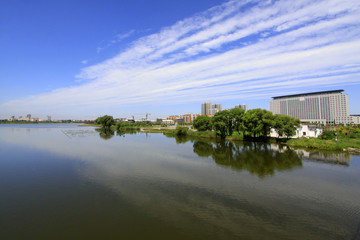 Wide water surface and buildings