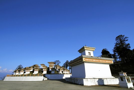 Thimphu, Bhutan - November 07, 2012: The 108 chortens (stupas) is the memorial in honour of the Bhutanese soldiers at  Dochula Pass on the road from Thimphu to Punaka, Bhutan