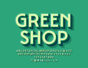 Vector Modern Logo Green Shop with 3D Font. Beveled Alphabet Letters with Shadow