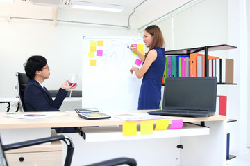 Obraz na płótnie Canvas Confident young Asian business woman explaining strategies on flip chart to boss in boardroom