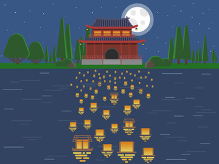 Chinese water lanterns on water at night. Vector illustration © lex302