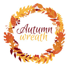 Autumn frame with colorful leaves and berries. Empty space inside of frame. Template for advertising or greeting text. Frame for cards, banners, posters, Hand drawn design.