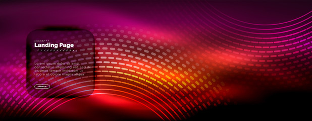 Fototapeta premium Neon glowing techno lines, hi-tech futuristic abstract background template with circles, landing page template