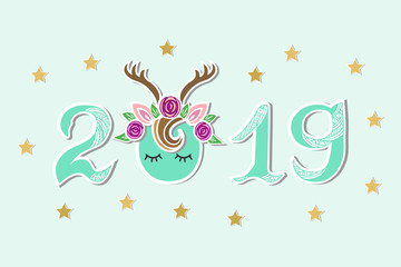 Vector Illustration with 2019, Deer Tiara and eyes as Happy New Year postcard, party invitation, postcard motive, Merry Christmas card.