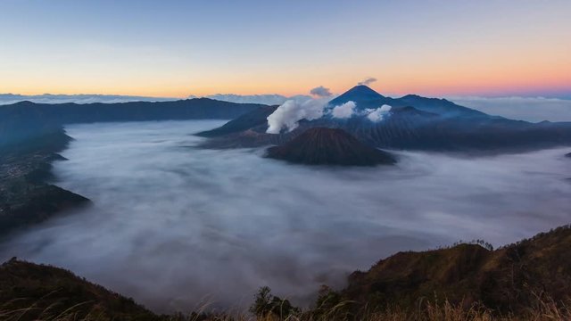 Bromo Volcano Sunrise Landmark Nature Travel Place Of Indonesia 4K Time Lapse (zoom in)