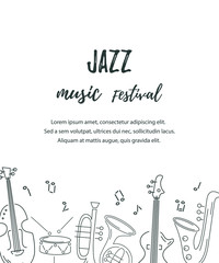 Template for music festival, jazz party, invitation, greeting card, concert poster. Vector illustration with saxophone, guitar, violin, french horn, drum. Line style.