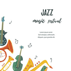 Naklejka premium Template for music festival, jazz party, invitation, greeting card, concert poster. Vector illustration with saxophone, guitar, violin, french horn, drum. Flat style.