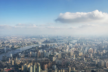 Panoramic view of Shanghai city, skyscrapers and old houses, Shanghai China