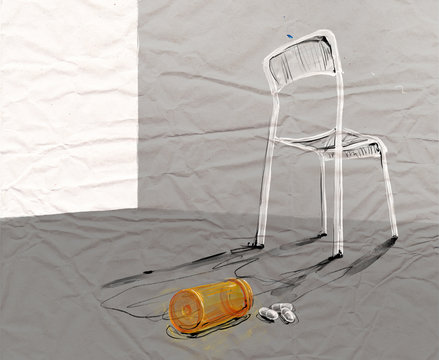 Digital drawing illustration of pills and chair on gray background