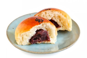 Japanese Red Bean Paste Bun On Plate On White Background