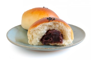 Japanese Red Bean Paste Bun On Plate On White Background