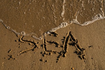 Word sea written on the sand washed by waves