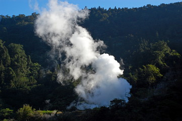 Rising water vapor of Jiuzhize Hot Spring in the morning in Yilan, Taiwan