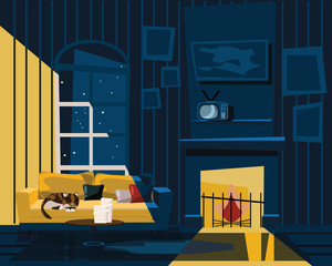 living room and cat at night vector illustration 