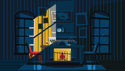 dining room at night vector illustration 