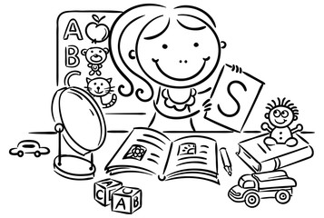 A kids speech therapist with toys, books, letters, mirror