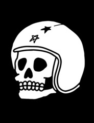A human skull wearing a motorbike crash helmet