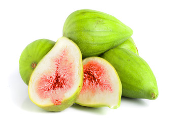 Ripe green fig fruit and half isolated on white background