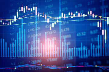 Candle stick graph chart with indicator: Cryptocurrencies graphs trading including of up and down trend with divergent reverse price pattern.