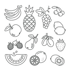 Fruit related icons: thin vector icon set, black and white kit